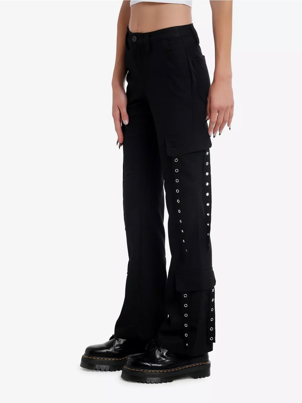 Hot Topic Black Flared Cargo Pants with Grommet Straps - Picture 10 of 10